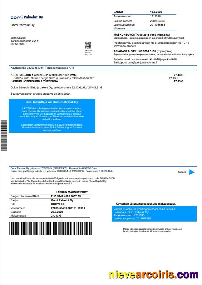 Finland Oomi Palvelut Oy electricity utility bill